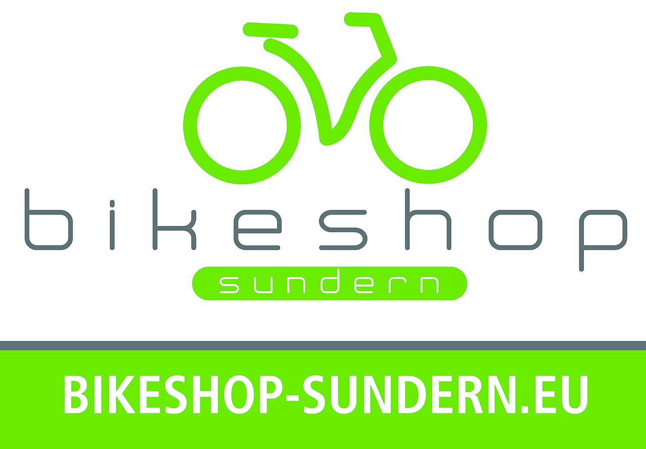 Plakatmotiv mit Logo des Bikeshop Sundern. Grünes Fahrradsymbol und Website-Adresse bikeshop-sundern.eu.