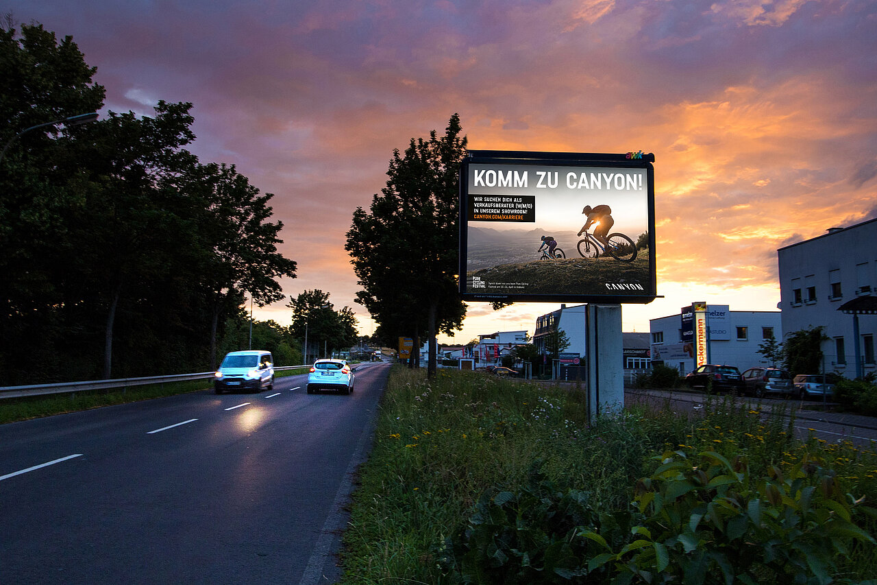 Großplakat mit 9 qm Werbefläche steht an befahrener Straße mit Canyon-Motiv