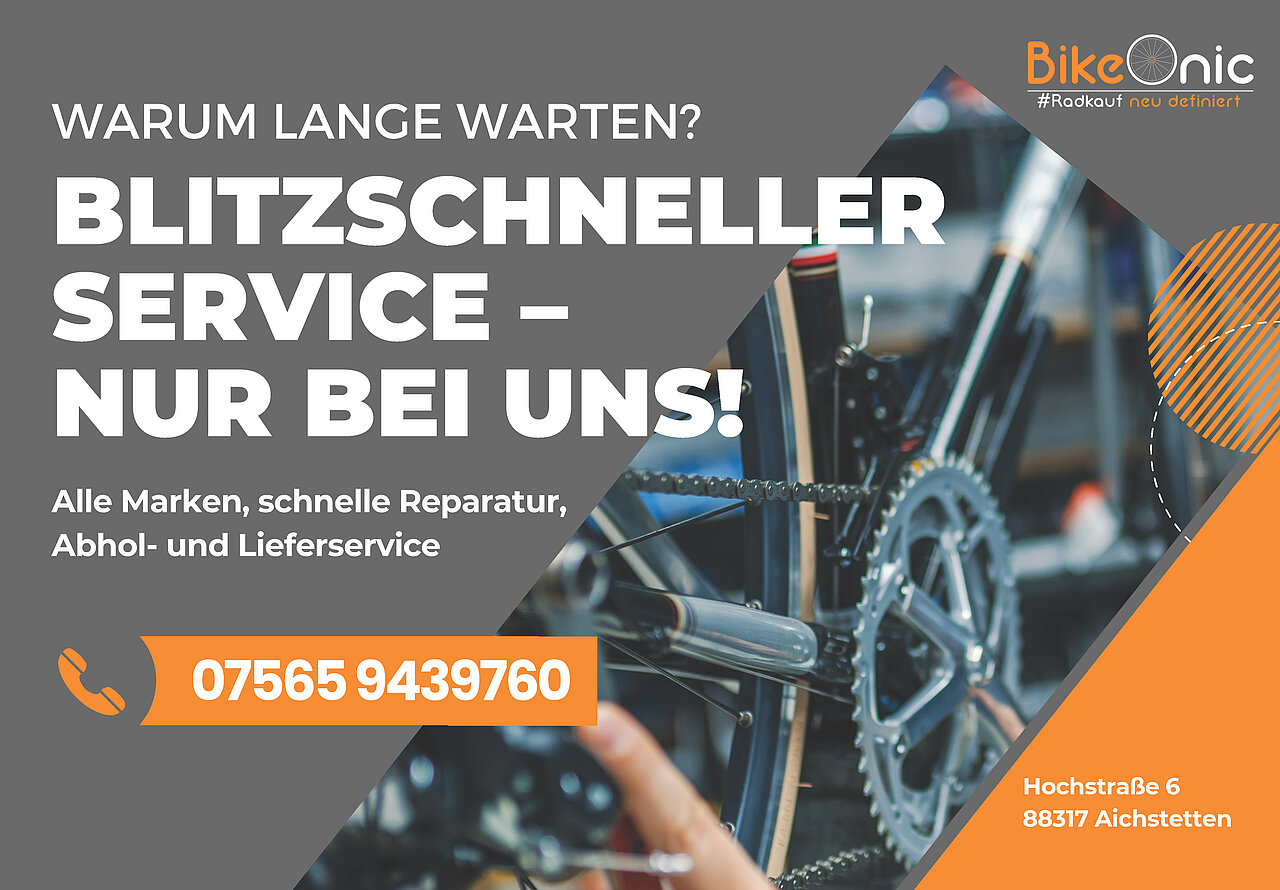Plakatmotiv von BikeOnic mit Slogan: 'Blitzschneller Service – nur bei uns'. Fahrradreparatur für alle Marken, inklusive Abhol- und Lieferservice.
