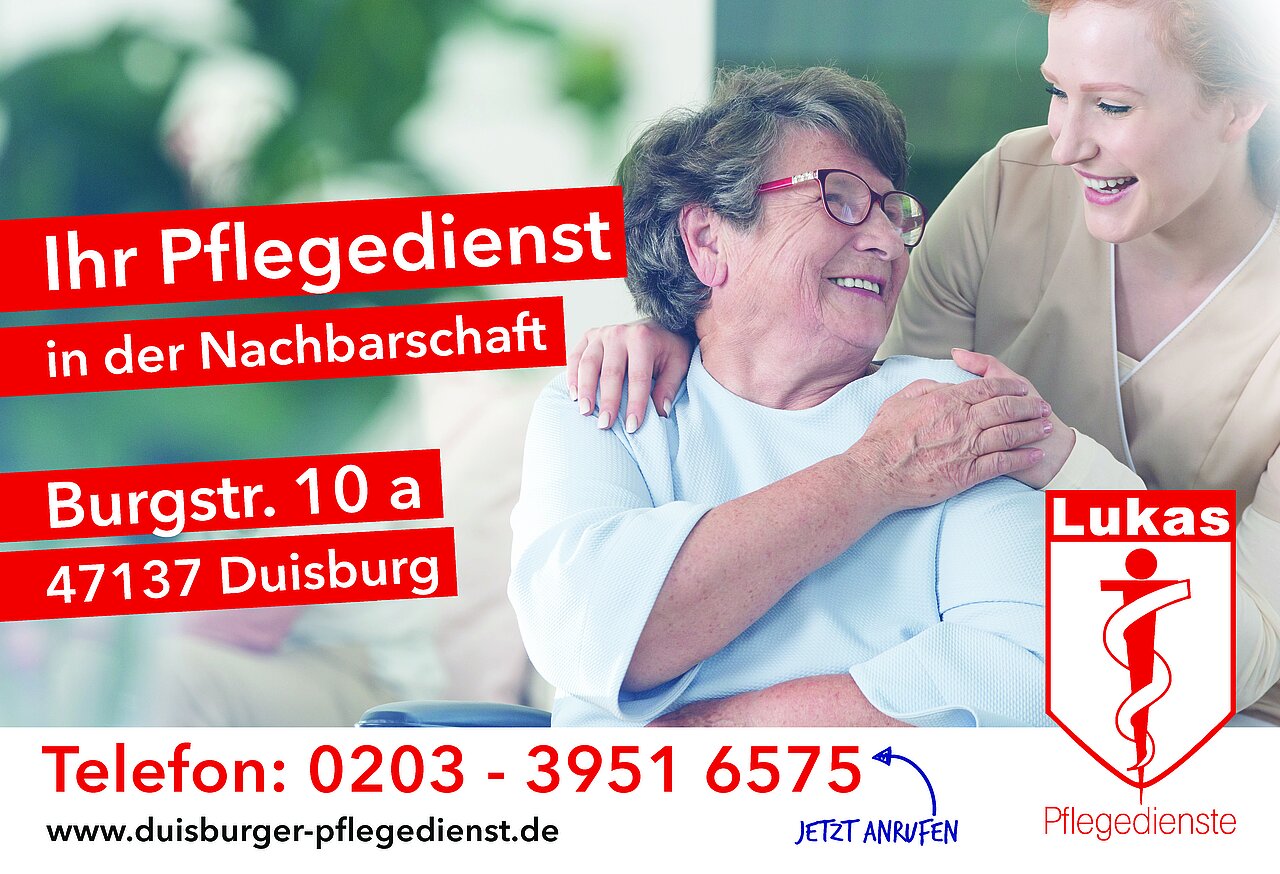 Plakatmotiv des Pflegedienstes Lukas. Enthält Kontaktinformationen und Website.