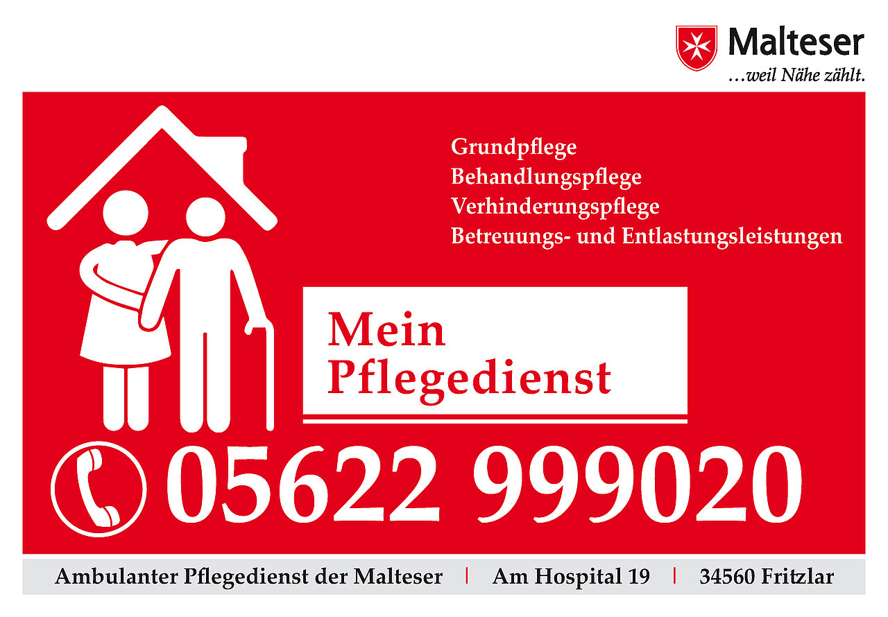 Plakatmotiv des ambulanten Pflegedienstes der Malteser in Fritzlar. Darstellung eines Paares unter einem schützenden Hausdach-Symbol. Leistungen: Grundpflege, Behandlungspflege, Verhinderungspflege sowie Betreuungs- und Entlastungsleistungen. Kontaktinformationen sind groß dargestellt.
