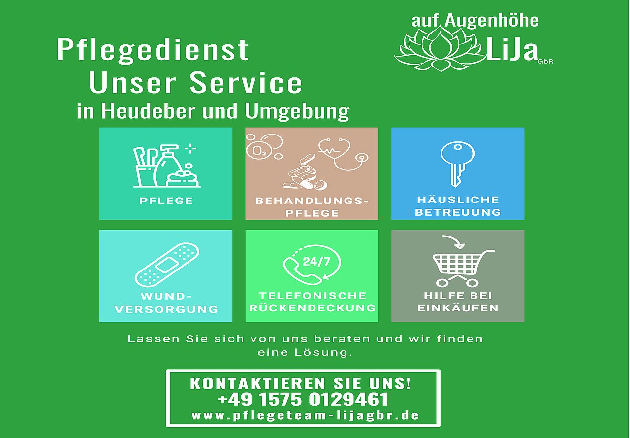 Plakatmotiv des Pflegedienstes LiJa. Übersicht über angebotene Leistungen in Heudeber und Umgebung, darunter Pflege, Behandlungspflege, häusliche Betreuung, Wundversorgung, telefonische Rückendeckung und Einkaufshilfe. Enthält Kontaktinformationen und Website.