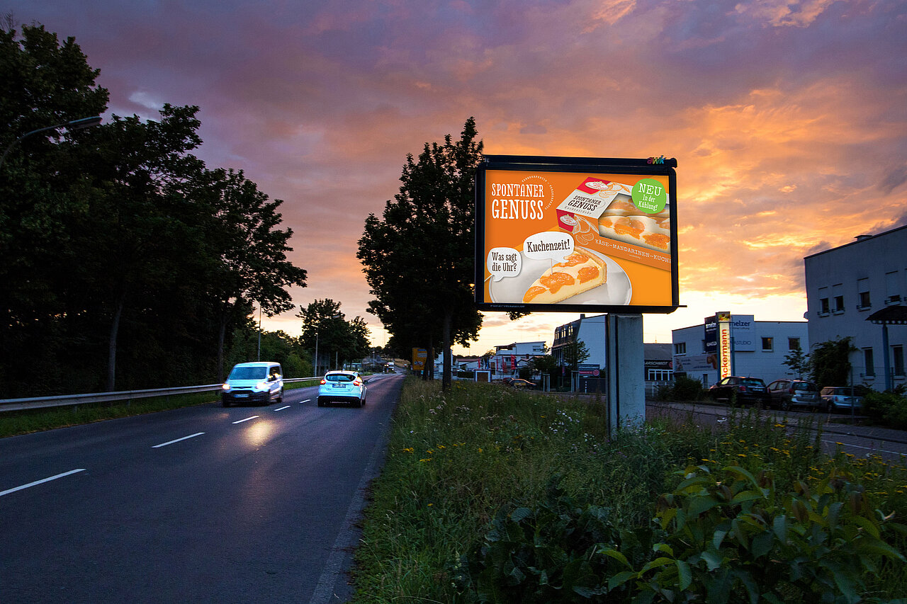 Großplakat mit 9 qm Werbefläche steht an befahrener Straße mit Lebensmittel-Motiv