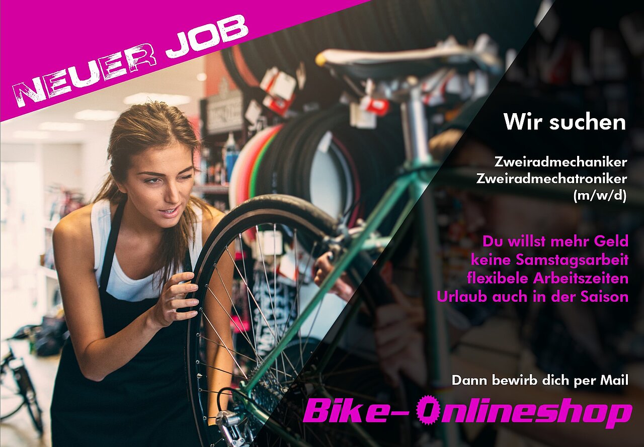 Plakatmotiv eines Bike-Onlineshops mit Jobanzeige für Zweiradmechaniker (m/w/d). Junge Frau prüft Fahrrad, beworben werden attraktive Arbeitsbedingungen.