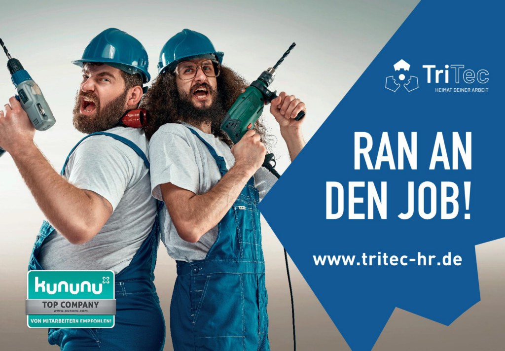 Recruiting-Plakat von TriTec mit zwei sympathischen Handwerkern und dem Slogan „Ran an den Job!“.