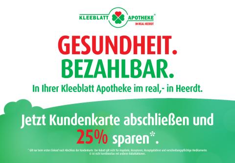 Plakatmotiv: Grünes Plakat der Kleeblatt Apotheke mit dem Slogan 'Gesundheit. Bezahlbar.' und dem Hinweis: 'Jetzt Kundenkarte abschließen und 25 % sparen.