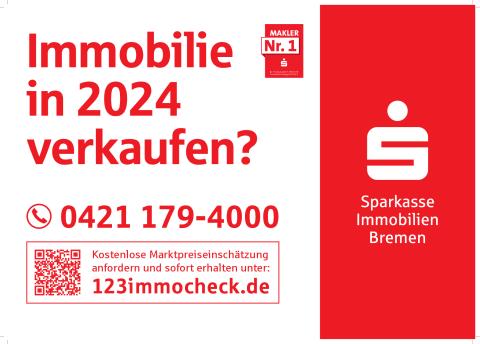 Plakatmotiv der Sparkasse Immobilien Bremen mit Hinweis auf kostenlose Immobilienbewertung für einen Verkauf im Jahr 2024. QR-Code und Kontaktinfo enthalten.