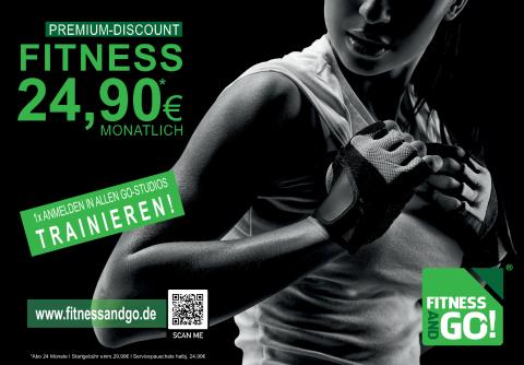 Plakatmotiv von Fitness and GO! mit einer Frau in sportlicher Pose, Schwarz-Weiß-Stil mit grünen Akzenten. Der Text informiert über den günstigen Tarif „Fitness 24,90 € monatlich“ in allen Studios.