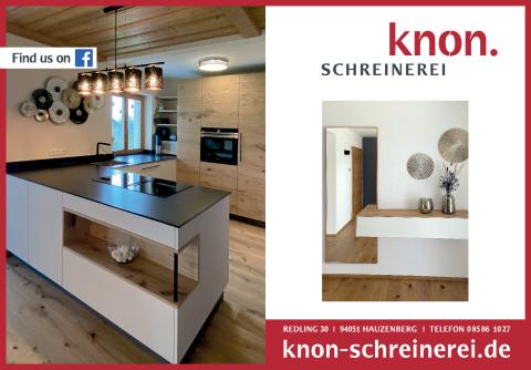 Plakatmotiv der Schreinerei Knon mit Fotos moderner Möbel. Firmenname und Kontaktdaten sind gut sichtbar platziert.