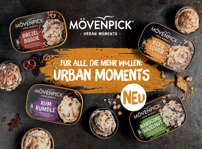 Plakatmotiv von Mövenpick mit verschiedenen Eissorten und der Aussage „Für alle, die mehr wollen: Urban Moments – Neu im Sortiment“.