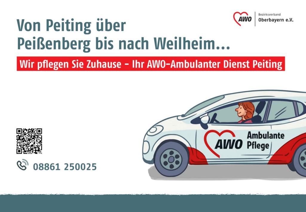 Zeichnung eines Autos mit AWO-Logo und Text „Ambulante Pflege“. Schriftzug oben: „Von Peiting über Peißenberg bis nach Weilheim… Wir pflegen Sie Zuhause – Ihr AWO-Ambulanter Dienst Peiting“. QR-Code und Telefonnummer unten links.