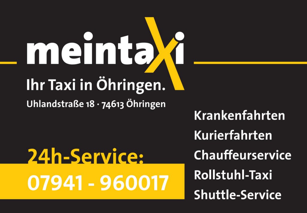 Plakatmotiv für das Taxiunternehmen „meintaxi“ in Öhringen mit 24h-Service und Fahrtangeboten.