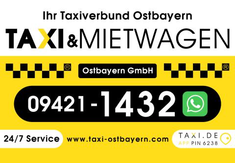 Plakatmotiv für Taxi & Mietwagen Ostbayern GmbH mit gelb-schwarzem Design und WhatsApp-Service.