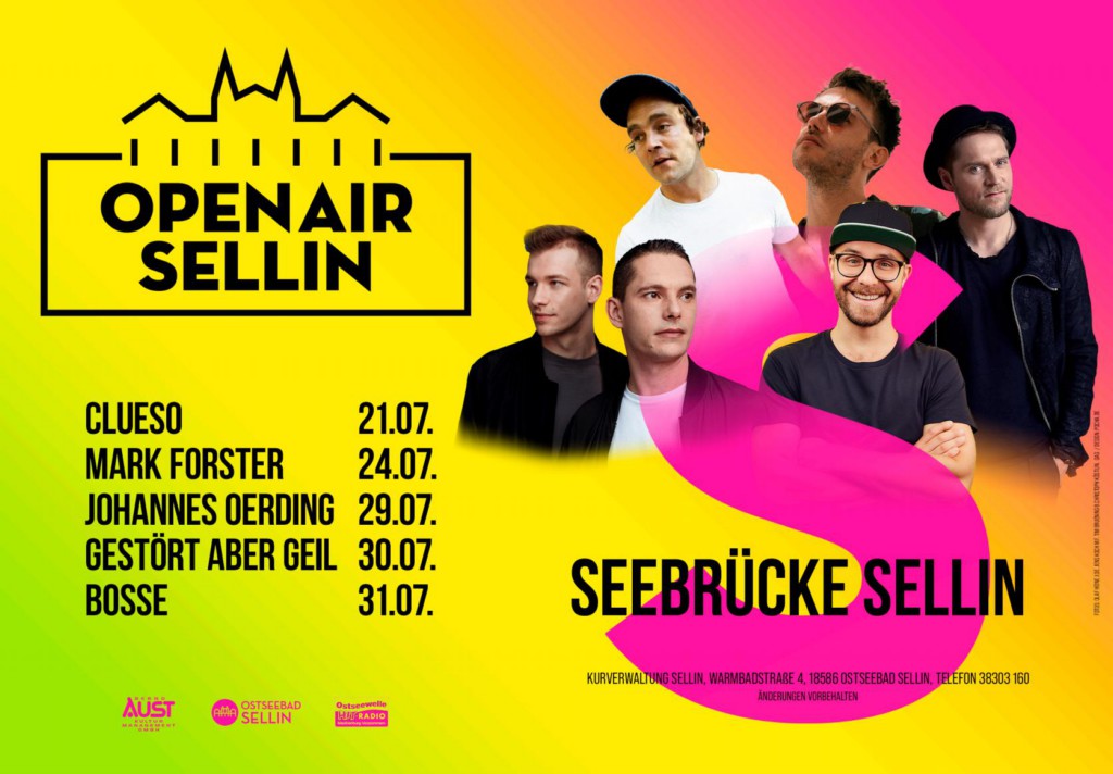 Plakatmotiv des Open Air Sellin auf der Seebrücke mit buntem Hintergrund. Line-Up mit Clueso, Mark Forster, Johannes Oerding und weiteren Künstlern.