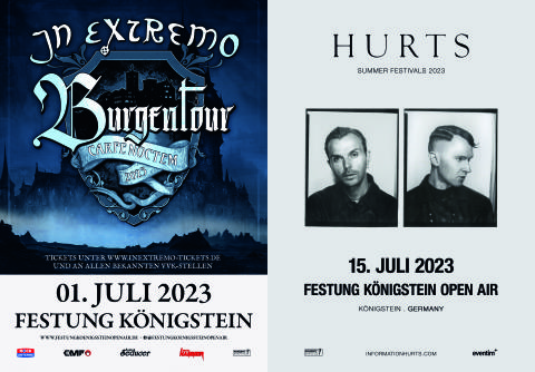 Plakatmotiv mit Konzertankündigungen für In Extremo (1. Juli) und Hurts (15. Juli) auf der Festung Königstein. Zwei getrennte Designs mit Bandbildern und Veranstaltungsinfos.