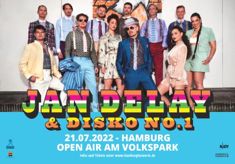 Plakatmotiv für das Open-Air-Konzert von Jan Delay & Disko No.1 am 21. Juli 2022 in Hamburg. Gruppenfoto der Band mit farbenfrohem Design.