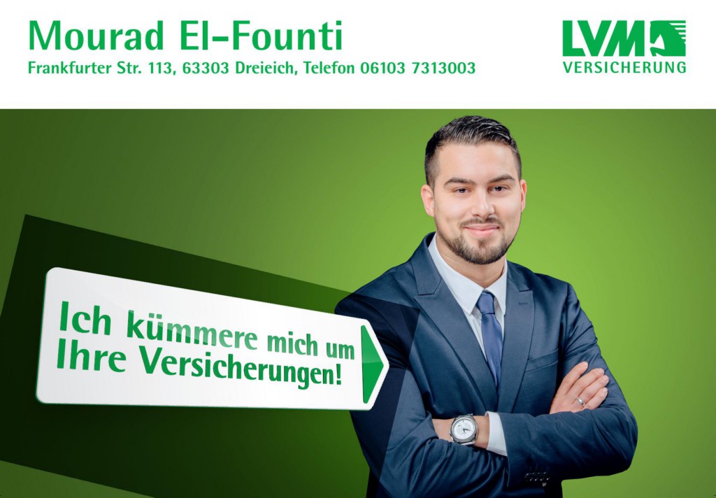 Plakatmotiv der LVM Versicherung mit Ansprechpartner Mourad El-Founti. Der Slogan lautet: 'Ich kümmere mich um Ihre Versicherungen!'