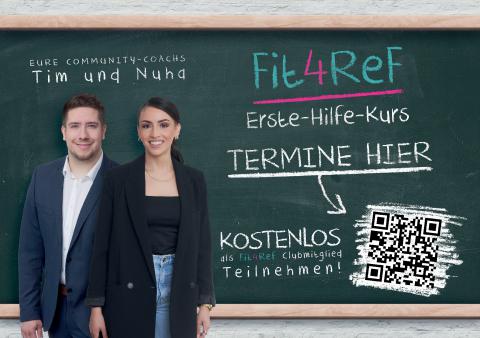 Plakatmotiv von Fit4Ref mit Angebot eines kostenlosen Erste-Hilfe-Kurses für Clubmitglieder. QR-Code zur Terminbuchung und zwei Community-Coaches abgebildet.