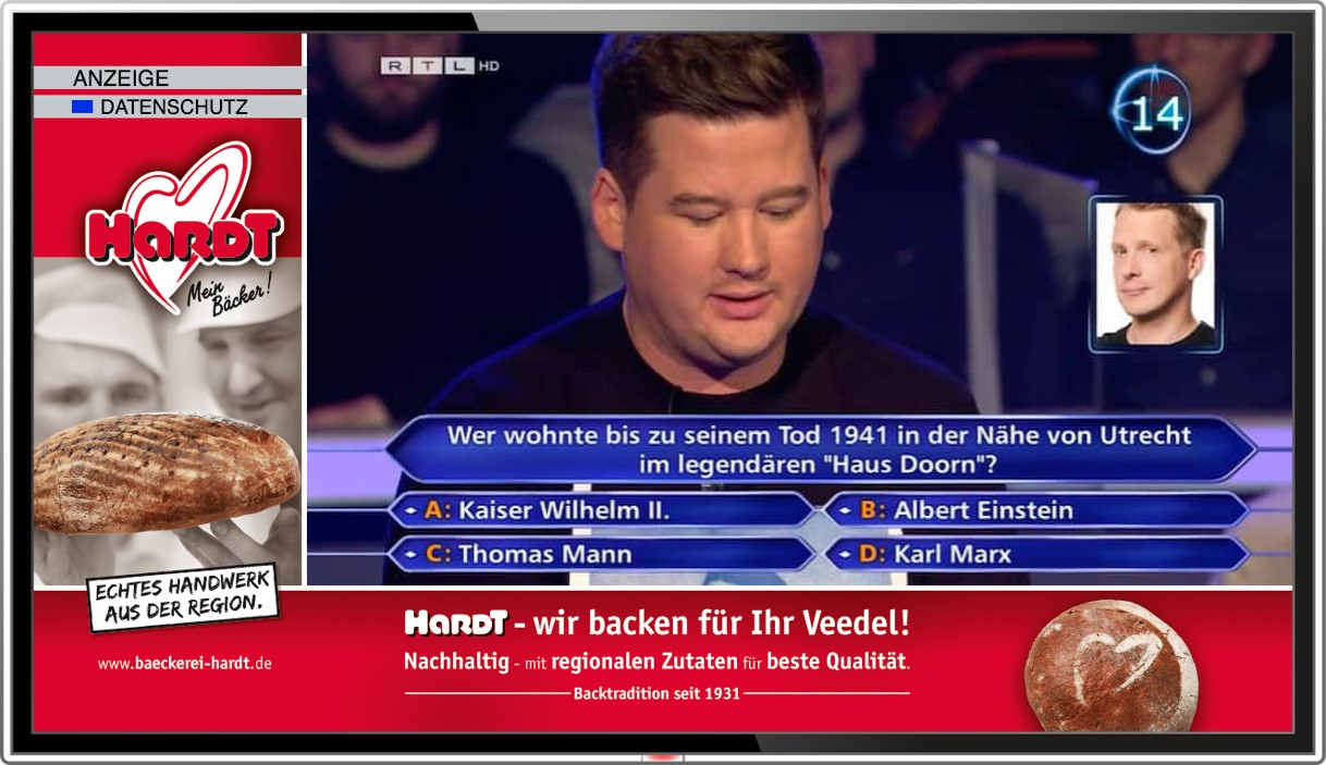 Addressable-TV-Screenshot während einer Quizshow mit eingeblendeter Werbung der Bäckerei Hardt, inklusive Brot-Abbildungen und Claim zu regionalem Handwerk.