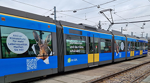 Straßenbahn in EnBW-Gestaltung mit blau-grünem Design und Klimaschutzbotschaften, inklusive Tiermotiv und QR-Code, stehend an einer Haltestelle.